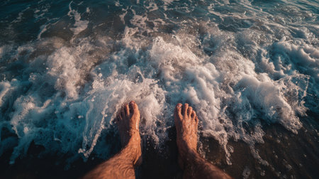 Feet make contact with surf at shoreline while waves crash gently. Open sea stretches in the background with clear sky above.の素材