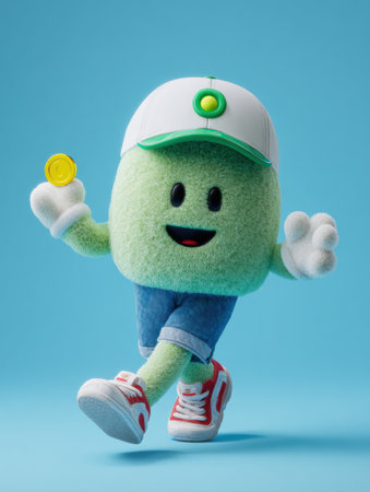 A green mascot with a cap and shorts drops shiny coins while smiling in a fun scene with a bright blue background and no other elements.の素材