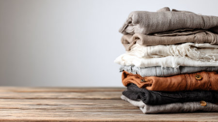 A stack of folded clothes in various neutral colors placed on a wooden surface. The background is simple and clean, allowing for clear text space.の素材