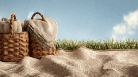 Blankets and baskets arranged on the grass for a family picnic with a clear sky in the background and green grass edges.の素材