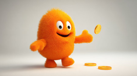 A gamification mascot drops shiny coins in a playful manner in an empty setting, creating a cheerful atmosphere for engagement and excitement.の素材