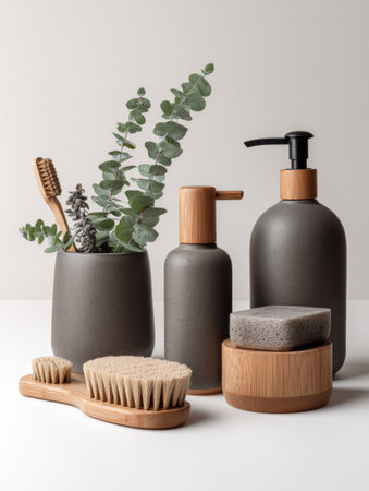 This scene displays eco-friendly cleaning supplies, highlighting their design and materials in a bright, simple setting.の素材
