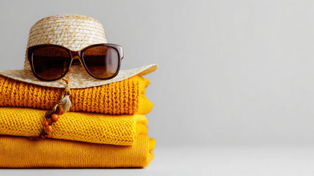 Folded summer clothing is stacked neatly in a corner. A straw hat with sunglasses rests on top, creating a simple and organized arrangement.の素材
