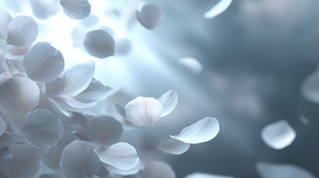 Floral petals drift in an upward motion, contrasting against a light gradient background that enhances their delicate nature.の素材