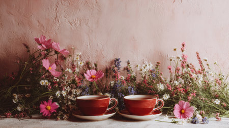 Two mugs sit on a surface surrounded by a variety of flowers under a bright wall, inviting tea enjoyment in a spring setting.の素材