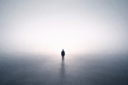 A person stands in a foggy area with a soft light in the background during early morning hours. The scene shows solitude and mystery.の素材