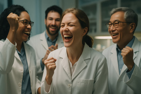 Group of medical staff members express joy and excitement in a clinic setting after achieving a significant goal together.の素材