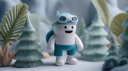 Chibi swimmer mascot stands in a playful manner while holding a swim cap in a simple pastel environment with green trees nearby.の素材