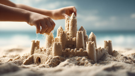 A child focuses on building a sandcastle at the beach with hands shaping soft sand while ocean waves softly blur in the background.の素材