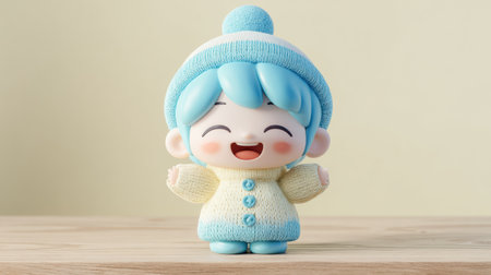 A cute female toon character with a big smile stands in a soft studio with pastel colors, creating a joyful moment perfect for advertising purposes.の素材