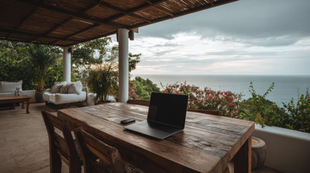 A person works at a laptop on a terrace table with a coastal horizon view. The scene captures the essence of working remotely in nature.の素材