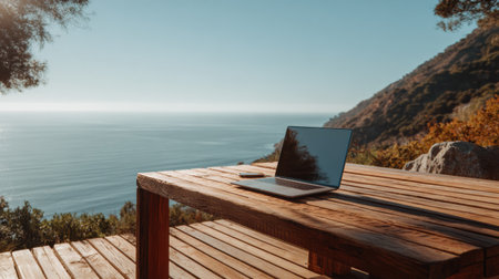 A person uses a laptop at a wooden table on a terrace overlooking the ocean on a sunny day.の素材