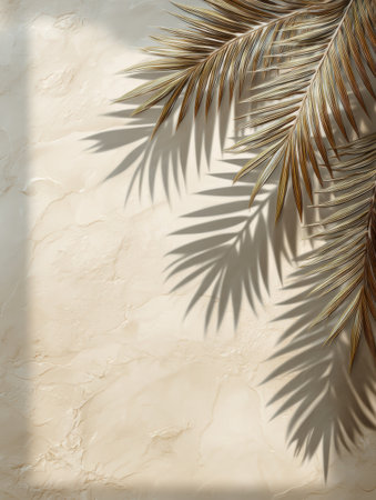 Light from the sun casts shadows of palm leaves over a white wall creating a unique play of shapes during daylight in a warm setting.の素材