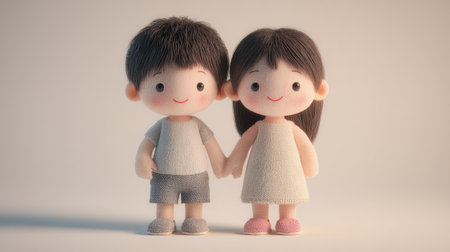 Two cartoon characters stand together, smiling and holding hands. They are in a well-lit space with a white background that makes them stand out.の素材