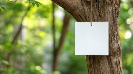 Blank vertical poster mockup hangs on a tree in a garden filled with greenery. Soft breeze moves through leaves while light filters softly.の素材