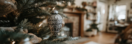 Ornaments hang on a tree in a clean indoor area with a fireplace and open space for gatherings during the holiday season.の素材