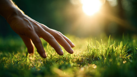 A hand reaches out to touch the bright green grass under the spring sunlight, symbolizing a connection with nature and a sense of renewal in a field.の素材