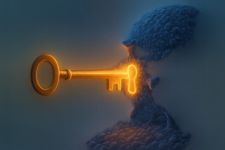 A key is positioned to unlock a glowing space in a textured surface. The design shows themes of exploration and revelation.の素材
