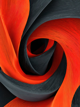 A design shows a swirling ribbon in orange and black, creating a vibrant yet empty center. The composition draws attention with its bold colors.の素材