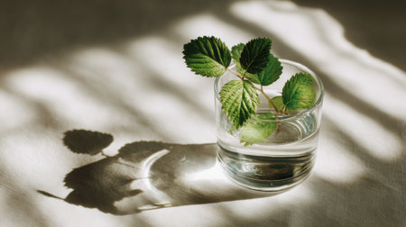 A glass filled with water holds spring leaves, casting a leaf-shaped shadow on a light-colored table surface in a bright room.の素材