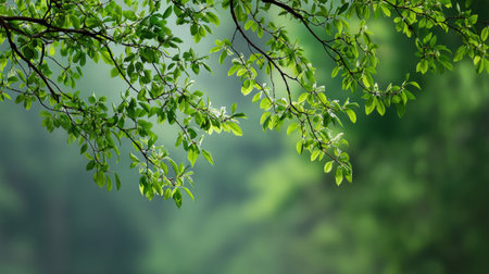 Bright green leaves hang down in a spring forest, shrouded in a light haze, creating a quiet scene that highlights natures growth.の素材