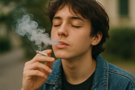 A young person takes a drag from a cigarette outside, appearing lost in thought with closed eyes, surrounded by greenery and a casual environment.の素材