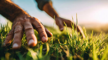 Hands reach to touch the grass under spring sunlight, connecting with nature and exploring the freshness of a new season.の素材