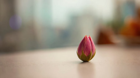 A flower bud sits on a plain table as a soft blur surrounds it. Natural light shines lightly on the scene during the day.の素材