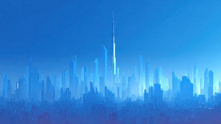 A futuristic city skyline shows tall structures reaching into the blue gradient sky during day time.の素材