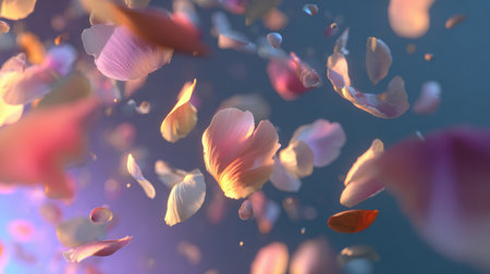 Floating petals create a soft scene, showcasing motion and light. The colors blend, adding to the atmosphere of calmness and beauty.の素材