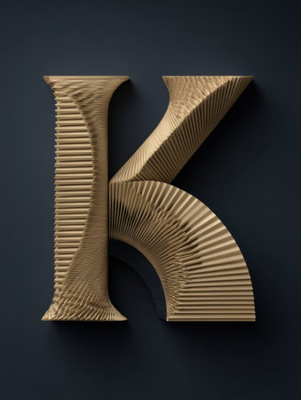 A golden swirl frames a centered letter K on a dark surface in an art studio. This setup highlights clean lines and modern design.の素材