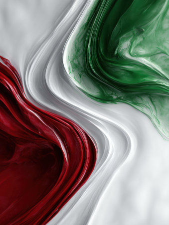 Colors blend smoothly on a soft white background with flowing patterns in red, green, and black. The composition highlights artistic contrast.の素材