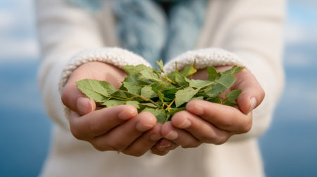 Hands gather fresh green leaves against a cloudy backdrop, showing care for nature and the cycle of life during daylight.の素材