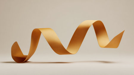 A golden ribbon moves diagonally across a soft beige background offering an abstract representation suitable for design or creative projects.の素材