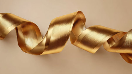 Golden ribbon moves diagonally against a soft beige backdrop, showcasing a smooth layer that captures light and creates a neat look.の素材
