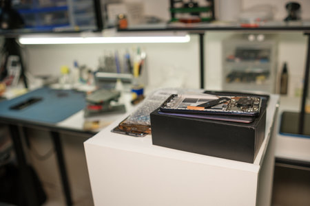 Device Repair Workstation Setup With Tools and Parts Organized on Tables for Efficient Fixing and...