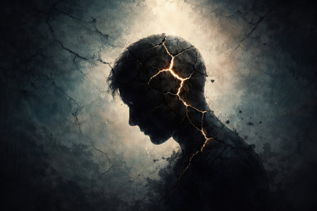 A dark silhouette of a person shows cracks suggestive of emotional struggles and conflicts. The backdrop emphasizes the persons form and frailty.の素材