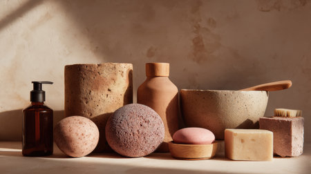 Natural clay and ceramic pieces are arranged on a table, showing simple forms and organic materials in warm light.の素材