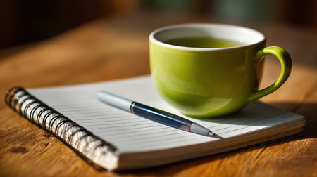 A scene shows a green tea cup beside a notebook and pen on a wooden table. Soft shadows and natural light enhance the setting.の素材