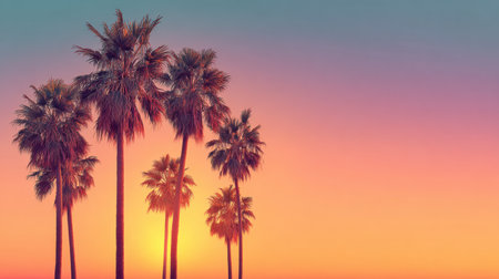 Silhouettes of palm trees stand against a gradient sunset creating a clean and colorful scene as the sun sets on another day.の素材