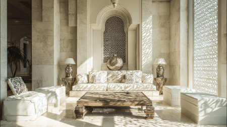 Spacious room showcases modern middle eastern design with soft reflections. Natural light enters through intricate windows creating a warm atmosphere.の素材