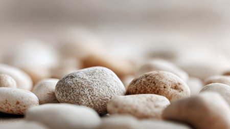 A collection of soft beige stones fills an open area for wellness activities. The focus is on natural elements used in health and relaxation.の素材