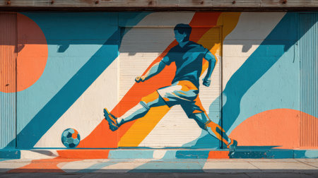 A soccer player is shown kicking a ball, with motion accents giving energy to the mural on the wall in a city during the daytime.の素材