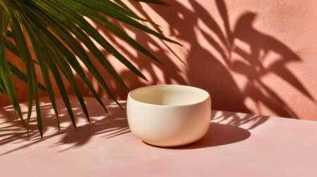Ceramic bowl sits against a pink backdrop, with plant shadows creating interesting shapes during spring afternoon light.の素材