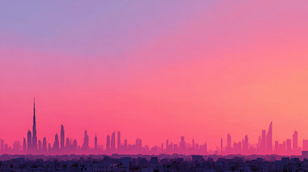 Colors representing the UAE wave against a blurred skyline of Dubai at sunset, showcasing soft shades with blank space for additional content.の素材