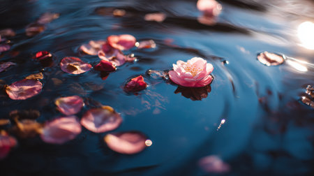 Floating petals rest gently on the surface of a spring pond, reflecting sunlight and creating a scene perfect for quiet moments outdoors.の素材