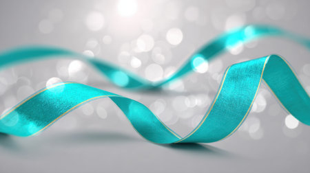 Turquoise ribbon lays on a light background, creating a flowing design with a shimmering appearance and gentle movement throughout the space.の素材