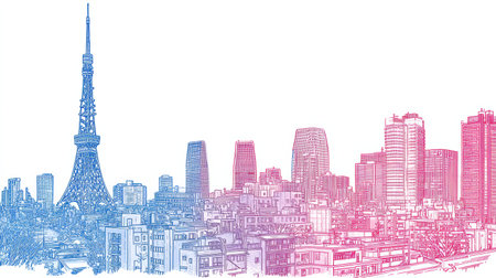 Line-art drawing of Tokyos skyline featuring notable structures against a white gradient. This modern layout highlights the city's architecture.の素材