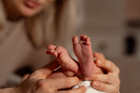 Mom lovingly cares for newborn baby, showcasing tiny feet in a warm indoor setting during the...