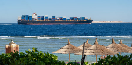 Majestic Container Ship Sailing Past Sandy Shoreline on a Clear Day